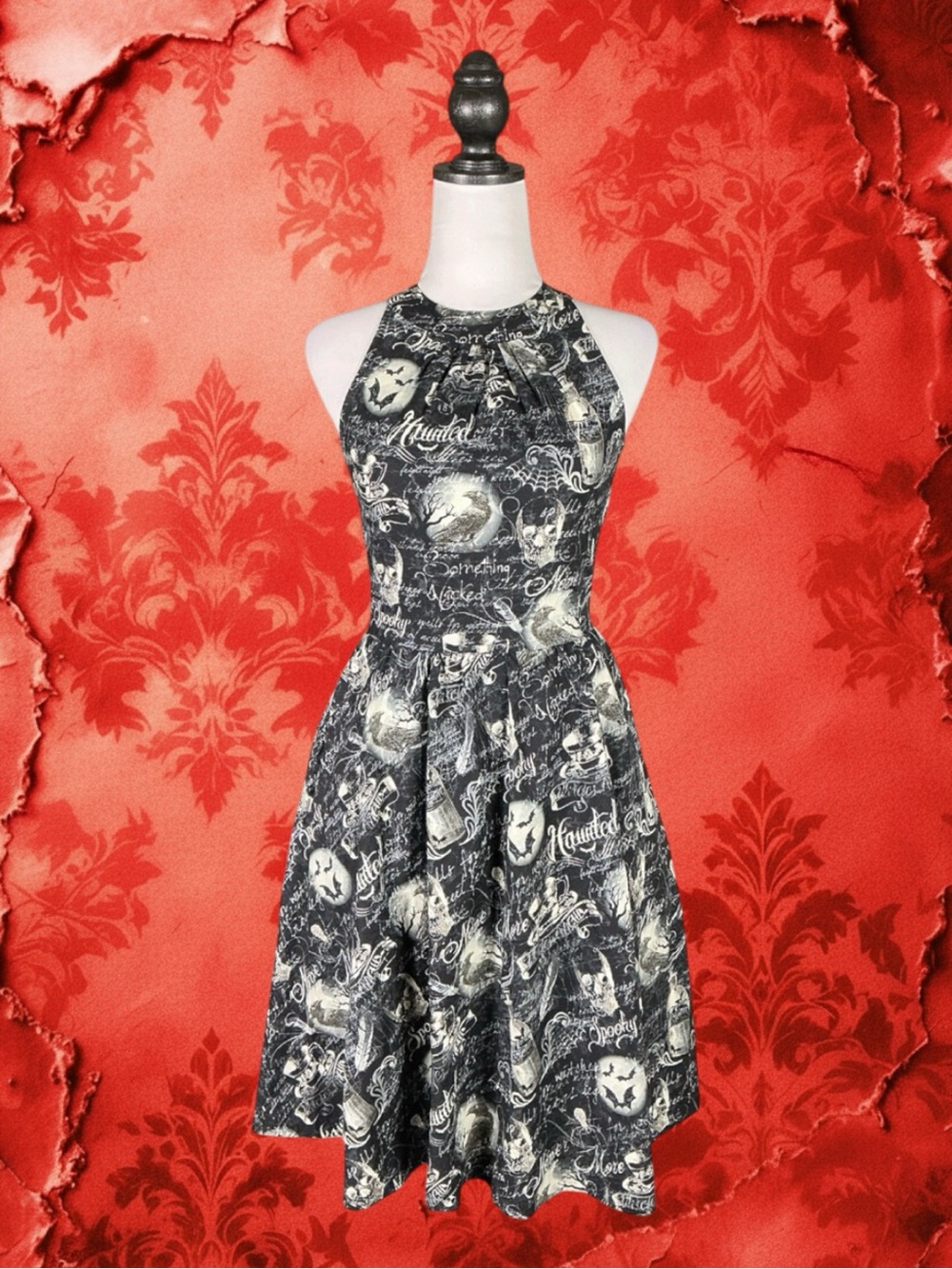 Folter Dress Black 100% Cotton Halloween Skull Raven Goth Halter Fit & Flare S